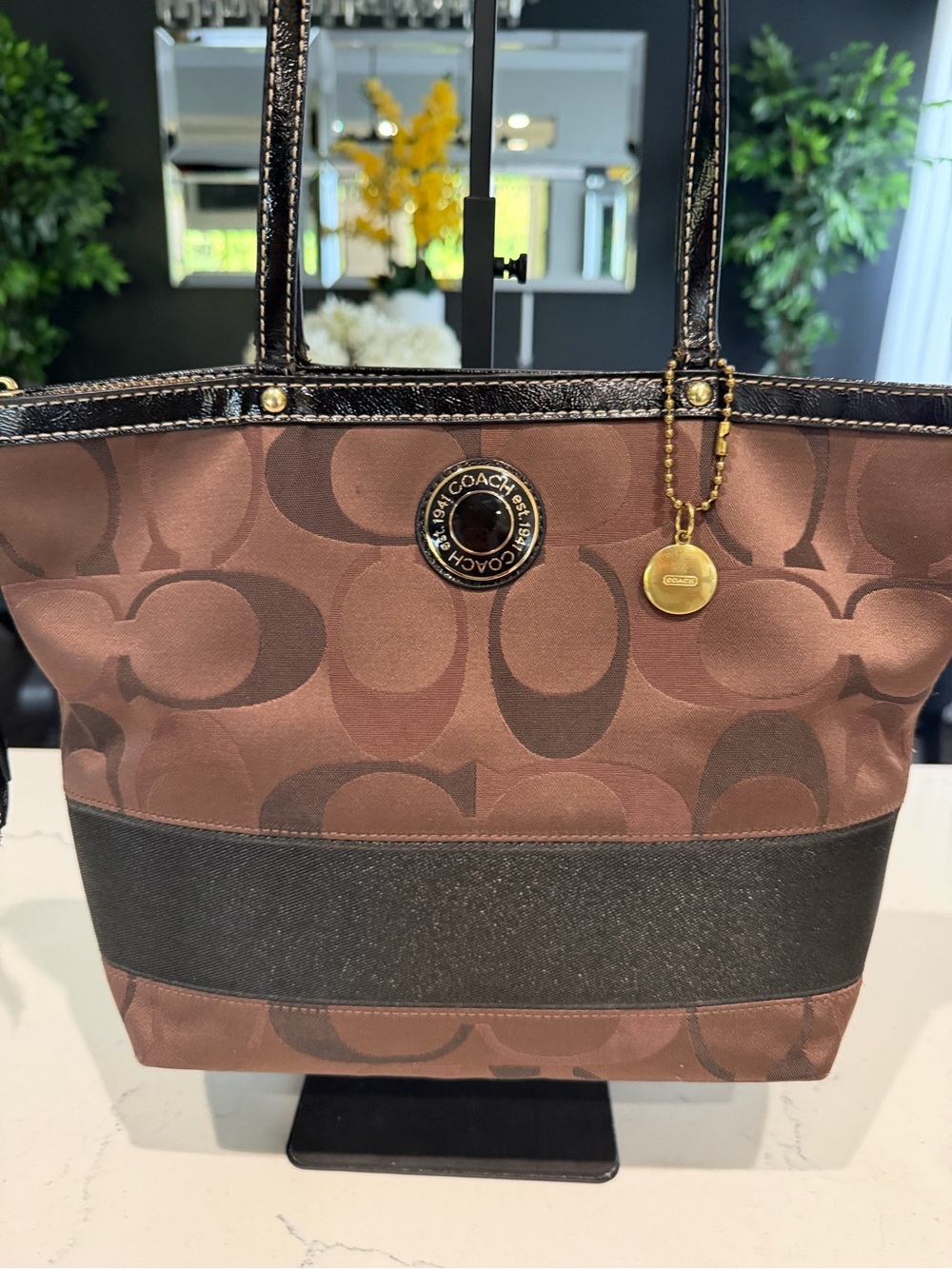 Coach Brown Signature Logo Canvas Tote with Dark Trim